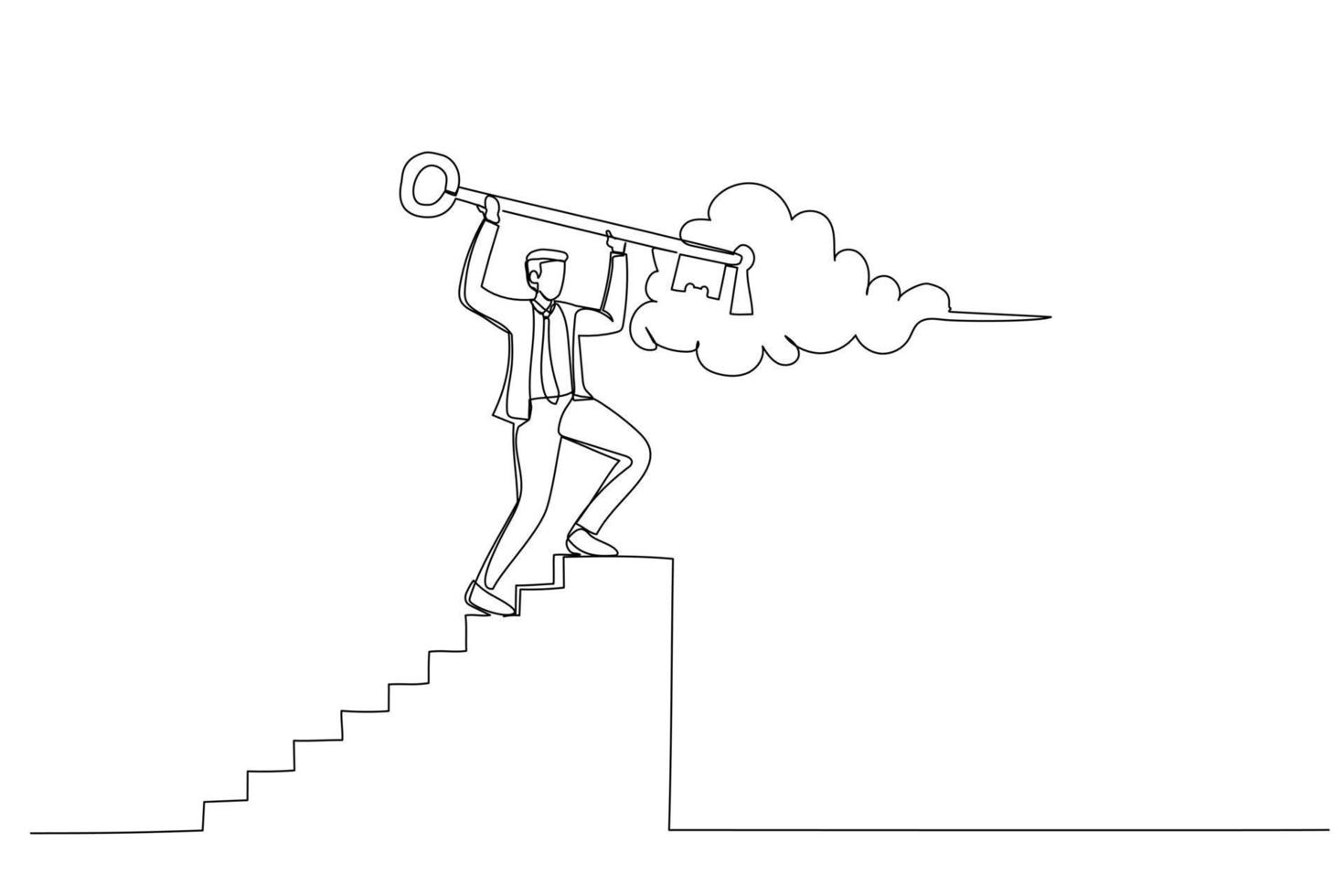 Drawing of businessman climb the stairs to put a key in its place as an business solution. Single line art style vector