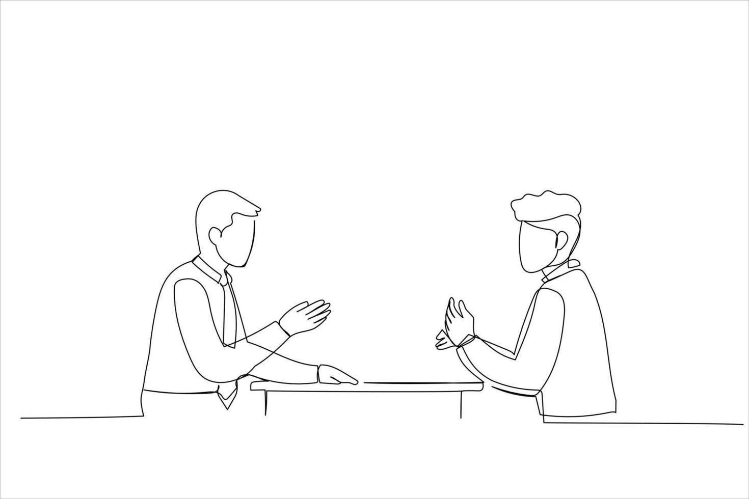 Drawing of business meeting of two partners talking about new ideas, working together at office desk. Single line art style vector