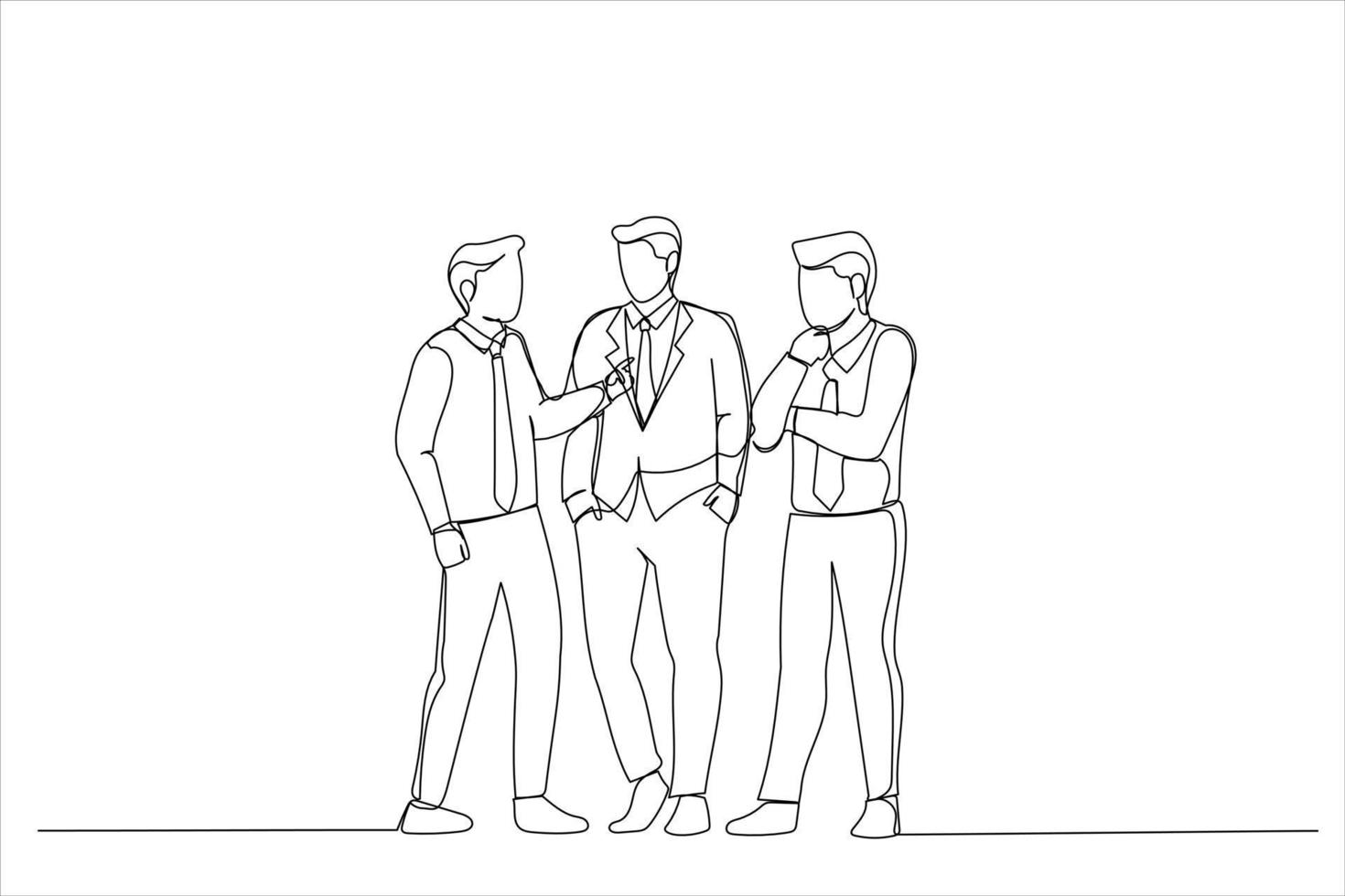 Drawing of business people in formalwear discussing something and gesturing. Single line art style vector