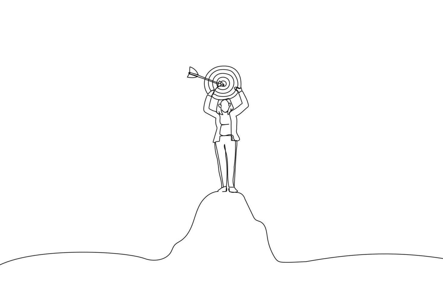 Cartoon of businesswoman holding a target board on top of mountain. Metaphor for aim, objective and achievement. Continuous line art vector