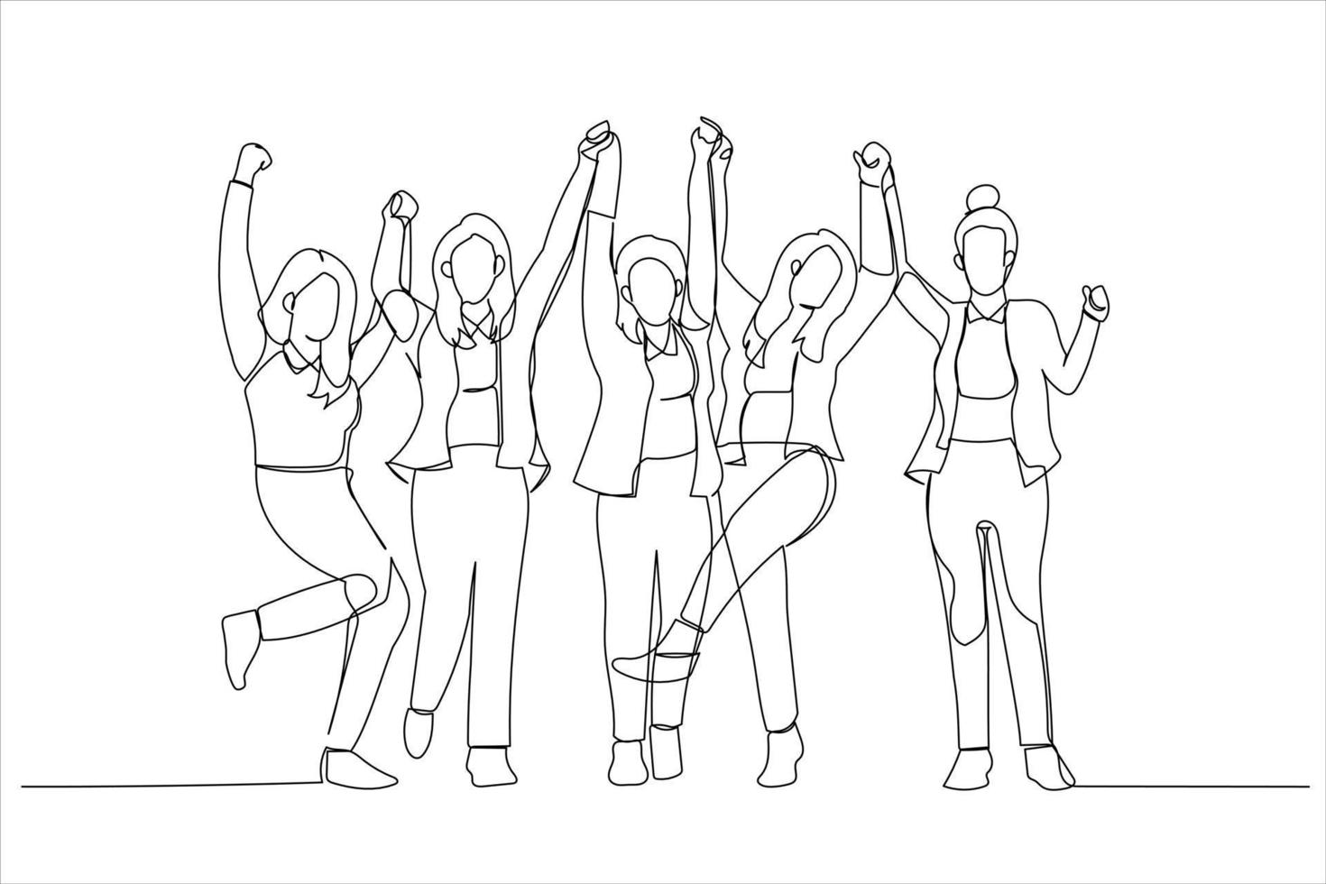 Cartoon of businesswomen in office wear celebrating success. Continuous line art vector