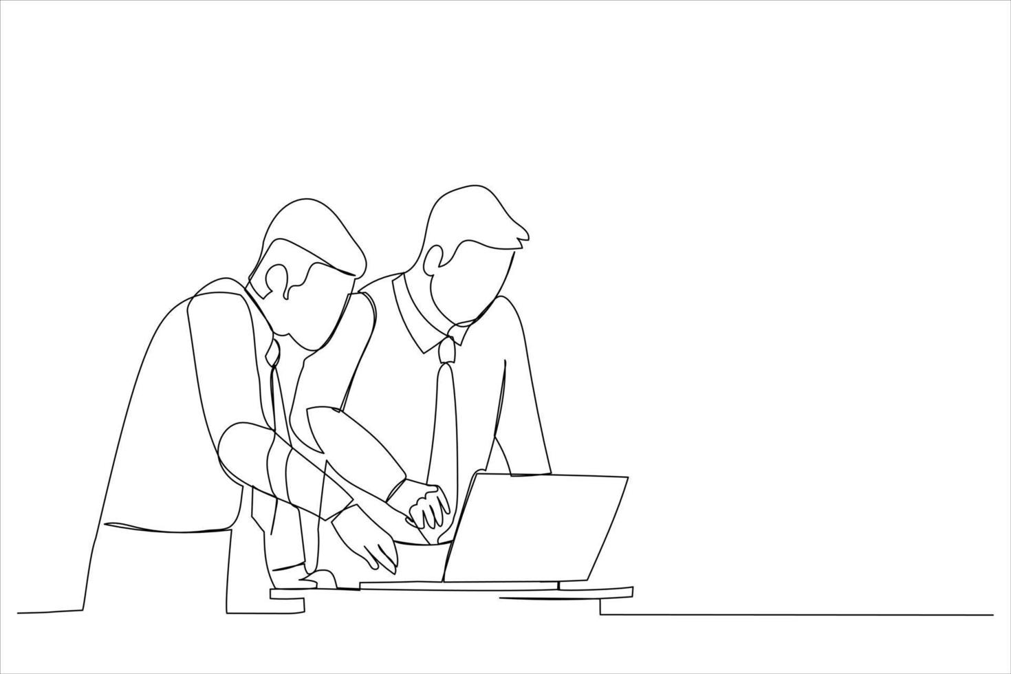 ilustración de ejecutivos atentos discutiendo sobre una laptop en la oficina. arte de estilo de una línea vector