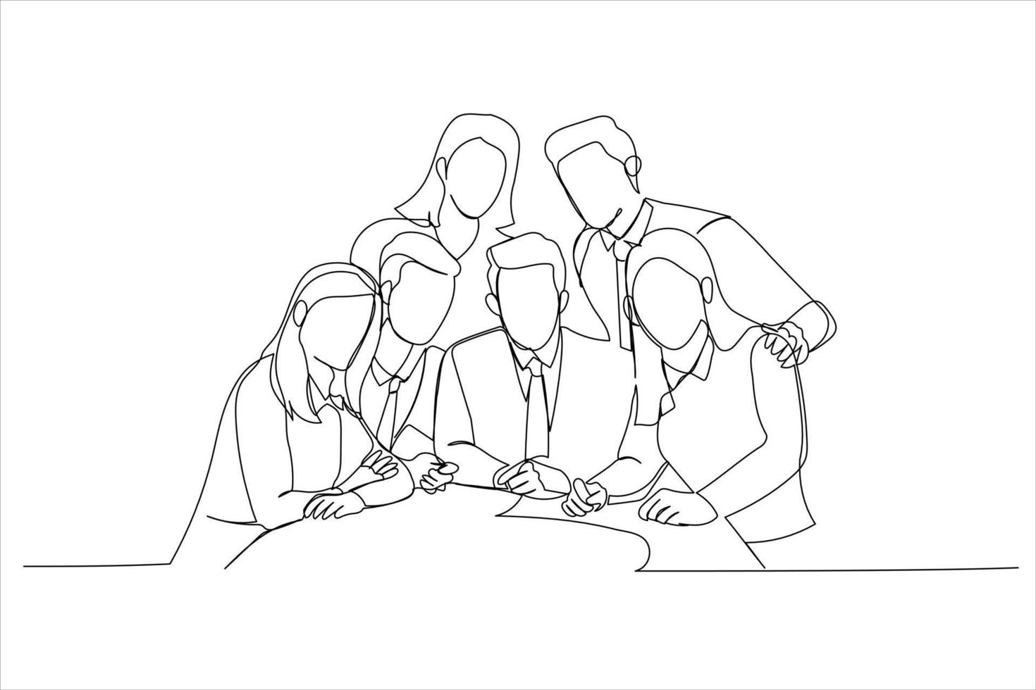 Illustration of business team posing grouped around manager. One line art style vector