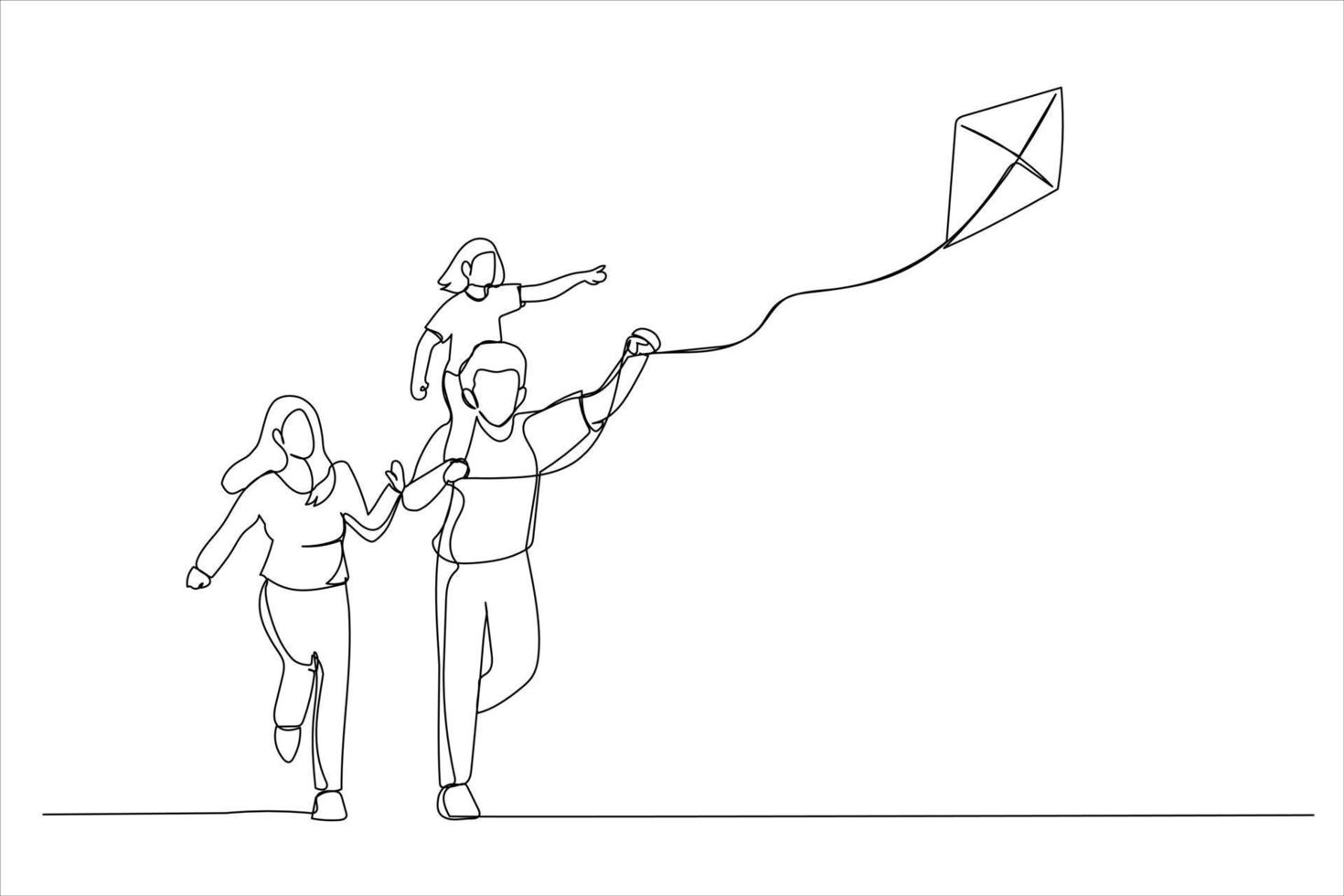 Cartoon of happy family father of mother and child daughter launch a kite on nature. Single continuous line art style vector