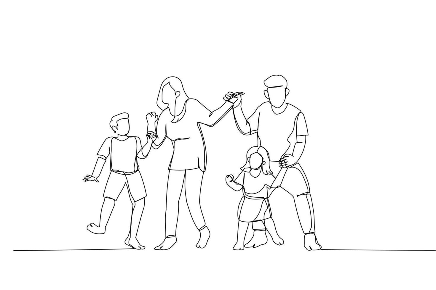 Drawing of overjoyed family jumping to music in living room. Single continuous line art vector