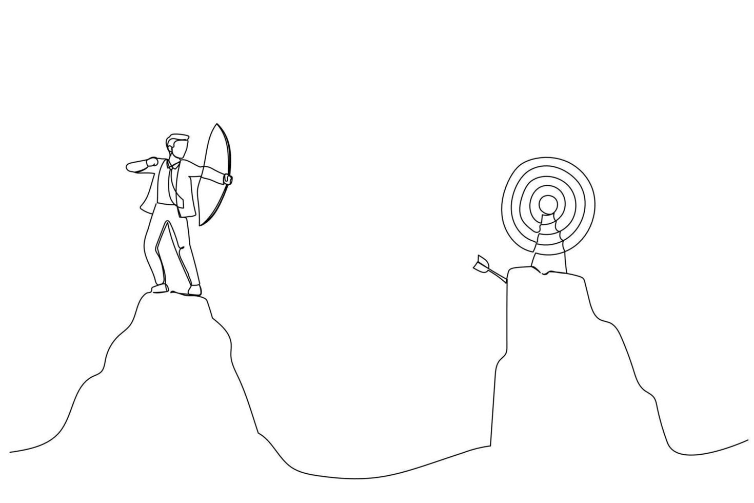 Drawing of overconfidence businessman archery terribly missed target. Metaphor for terrible missed target, failure or mistake. Single line art style vector