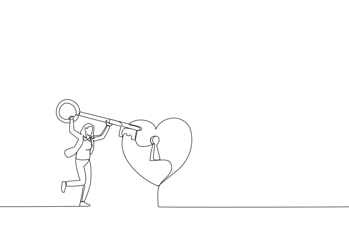 Drawing of man hand holding a big key for a woman's heart. Metaphor for love. Single line art style vector