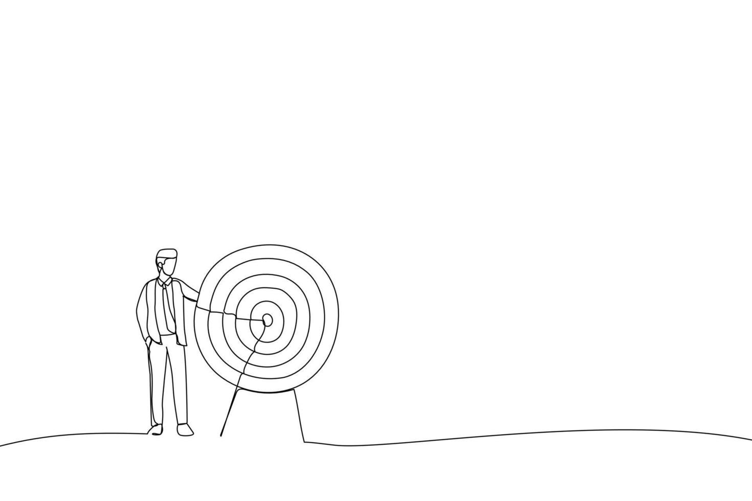 Cartoon of business man standing next to a huge target with a dart in the center, arrow in bullseye. Metaphor for reaching goals and objective. Continuous line art vector