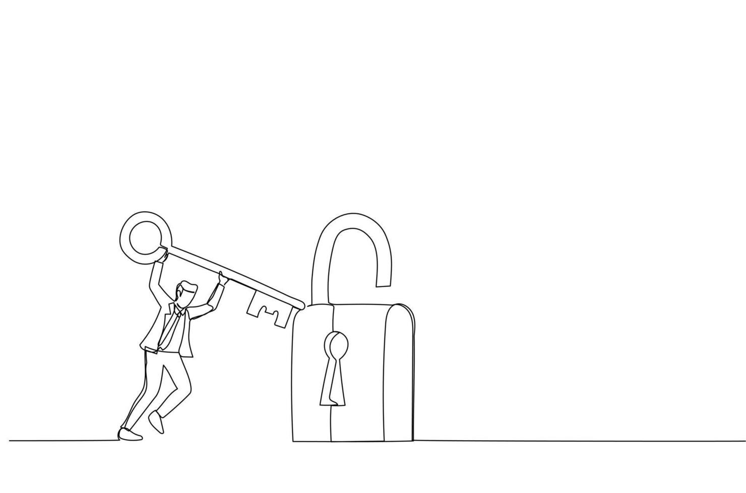 Cartoon of smart businessman holding big key to unlock the pad. Metaphor for problem solving, solutions, and business accessibility. Continuous line art vector