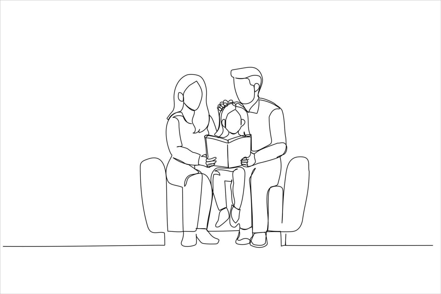 Illustration of family reading book together. One continuous line art style vector