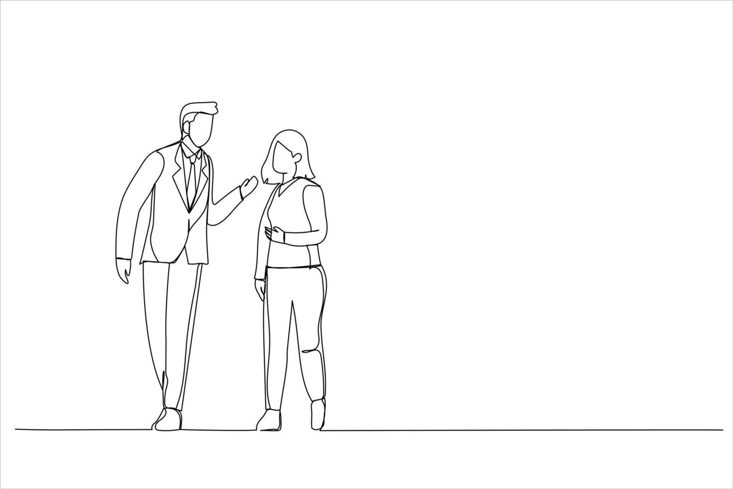 Illustration of two asian business people on their way to meeting talking while walking in office. One continuous line art style vector