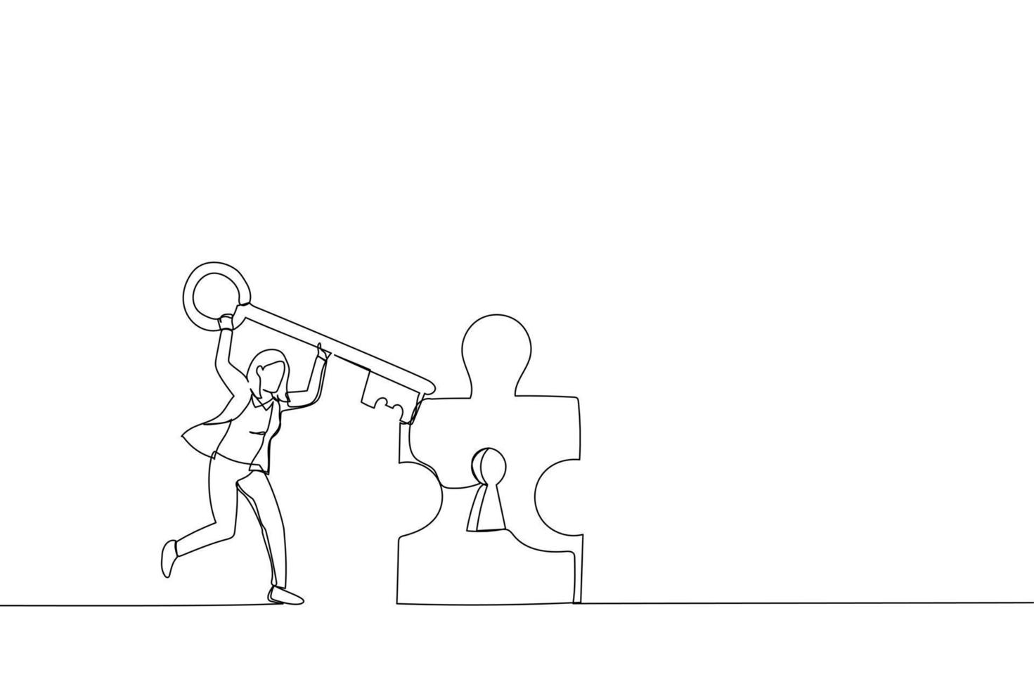 Cartoon of young businesswoman standing opening puzzle door with big key. Metaphor for achieving goal, solution and success. Single continuous line art style vector
