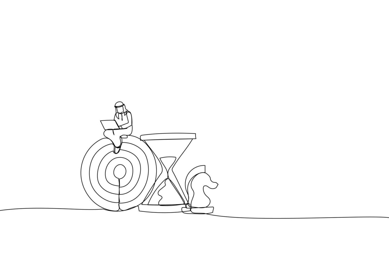 Drawing of smart arab businessman working with computer sit on target with chess knight and sandglass. Metaphor for business strategy, planning to achieve goal. Single line art style vector