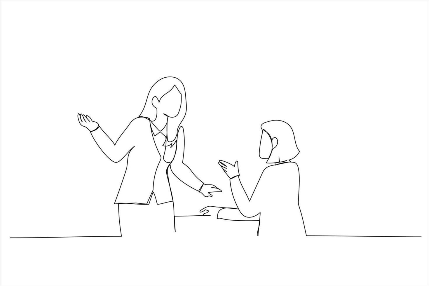 Illustration of happy business woman discussing at office desk. One line art style vector