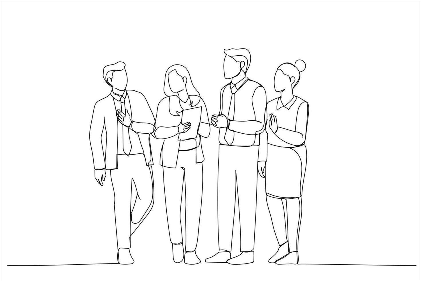 Illustration of business people walk in the office hall. One line art style vector