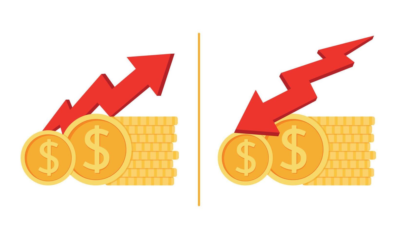 gráfico de negocios hacia arriba y hacia abajo con vector de clipart de icono de dinero de moneda para infografía, inversión e ilustración financiera