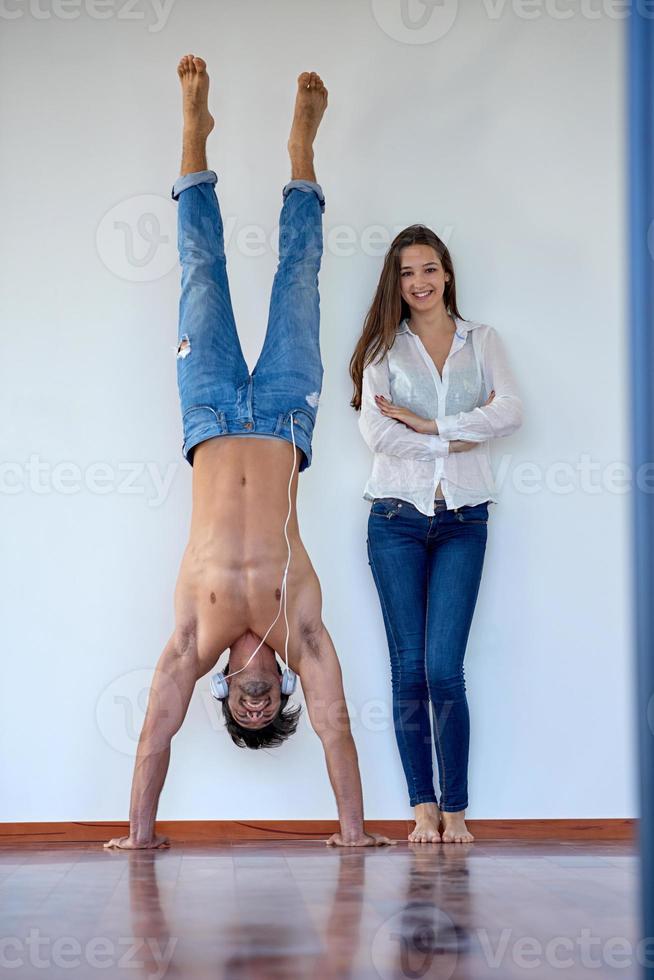 happy young romantic couple have fun arelax  relax at home photo