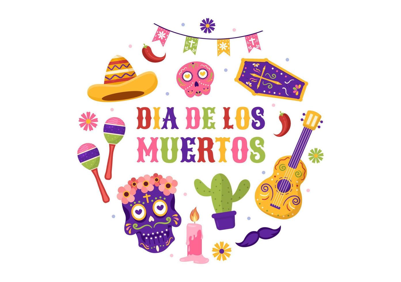 dia de los muertos o plantilla del día de los muertos dibujado a mano dibujos  animados ilustración plana festival festivo mexicano con calaveras  tatuadas, maracas y sombrero 10983403 Vector en Vecteezy