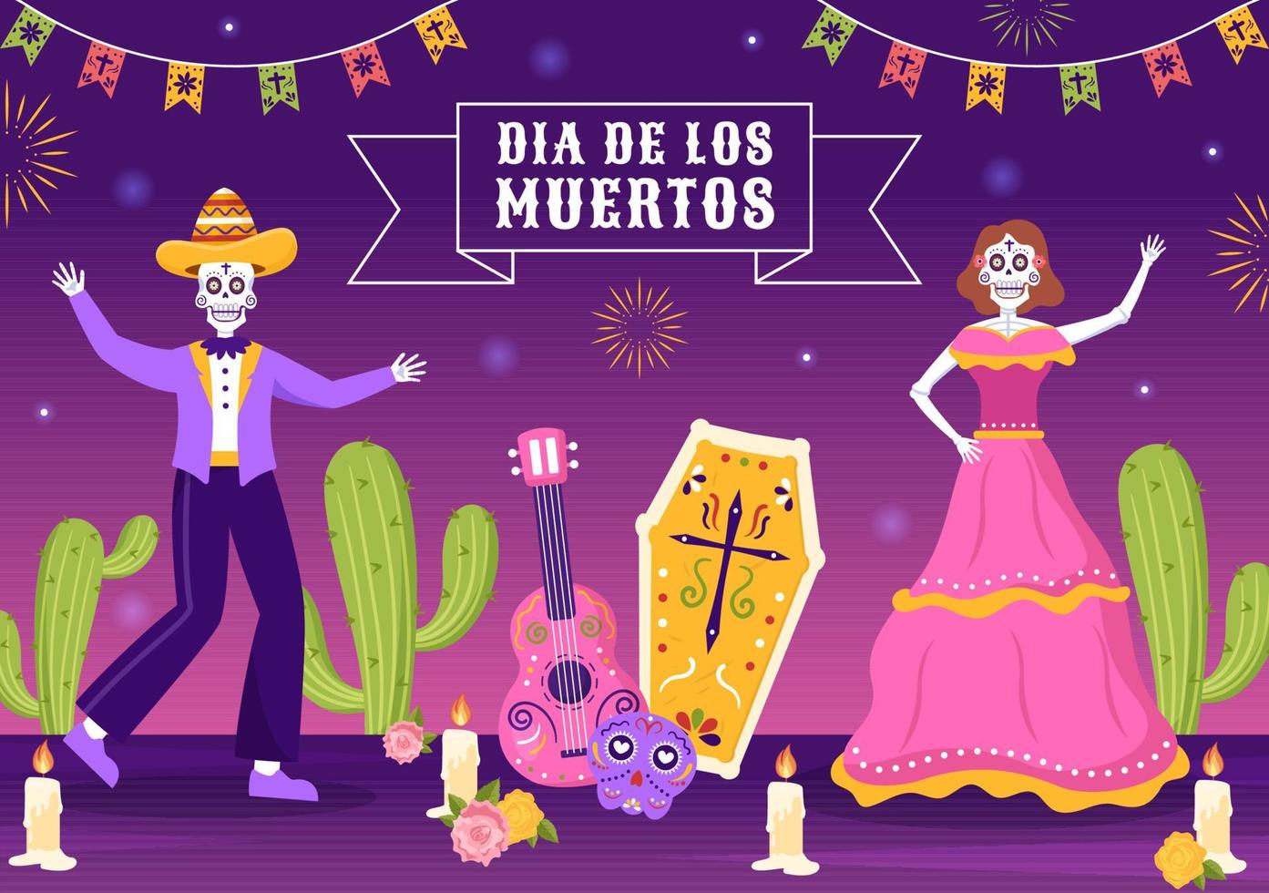 Dia De Los Muertos or Day of the Dead Template Hand Drawn Cartoon Flat Illustration Mexican Holiday Festival with Tattoo Skulls, Maracas and Sombrero vector