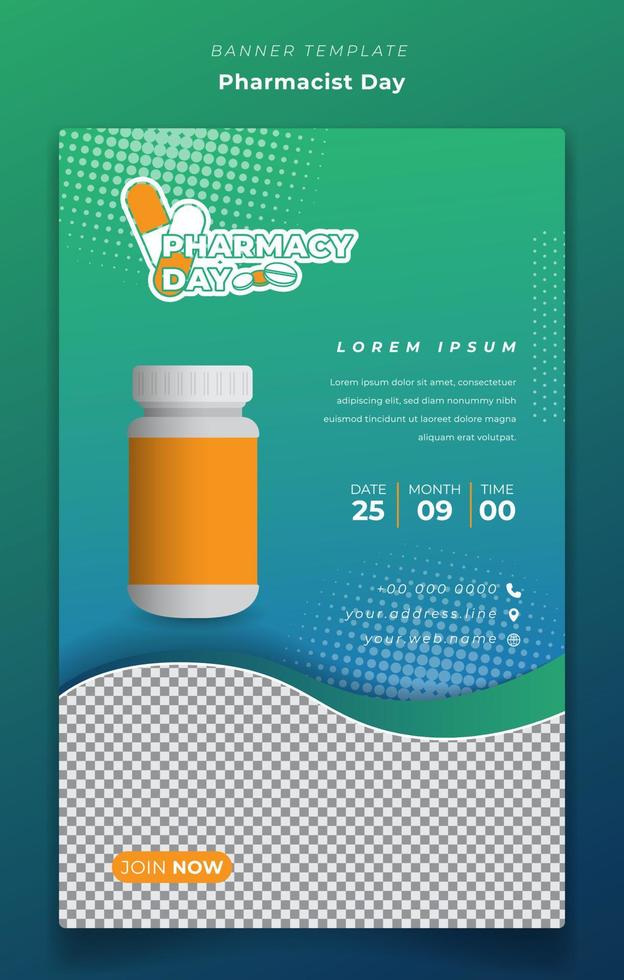 Poster or banner template in green blue background with drug box for pharmacist day campaign design vector