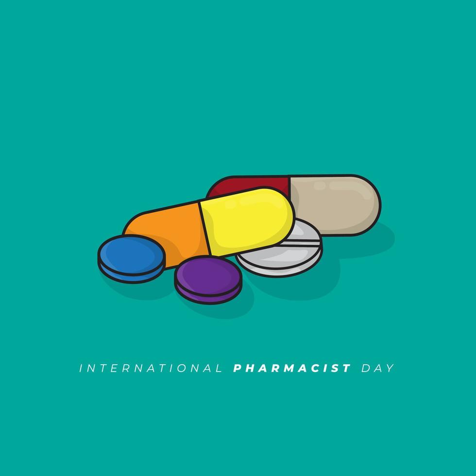 International Pharmacist day design with medicines in cartoon design vector