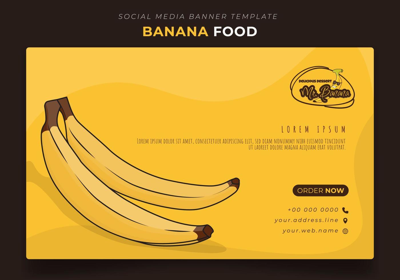 plantilla de banner en fondo amarillo con plátano para diseño de publicidad de comida de plátano vector