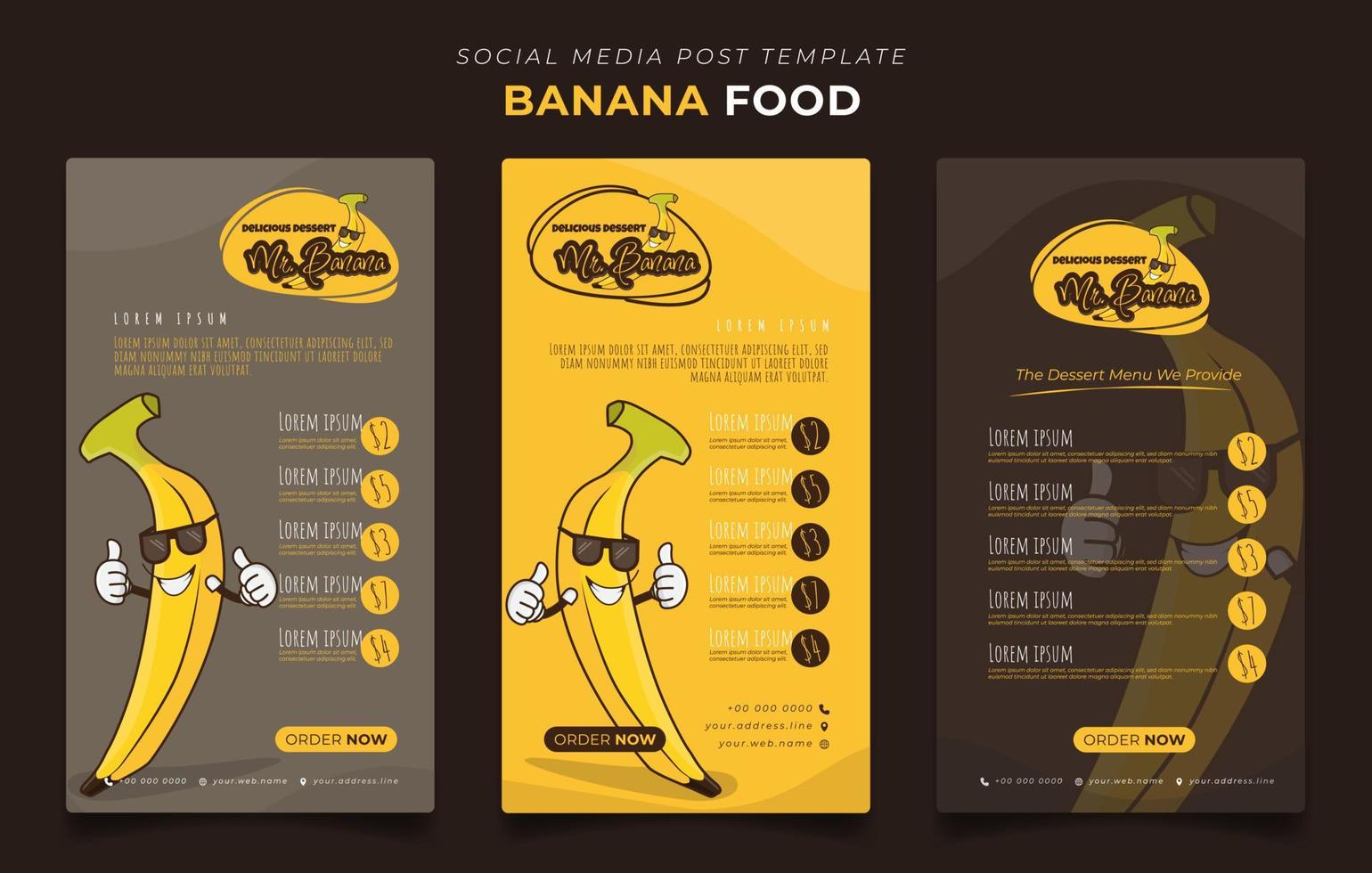 Social media post template with smile banana using glasses for banana food advertisement design vector
