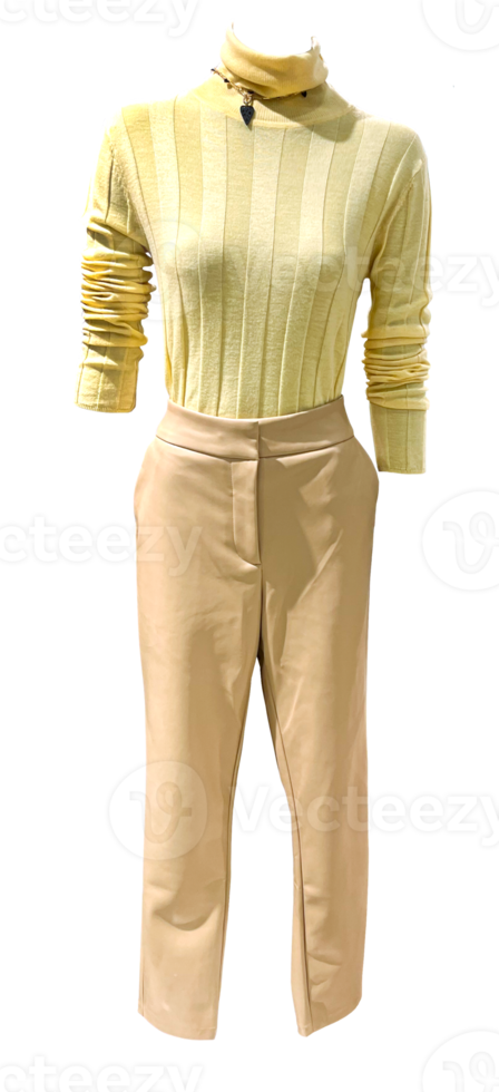 ropa de mujer recortada chaqueta amarilla y pantalones de cuero beige png