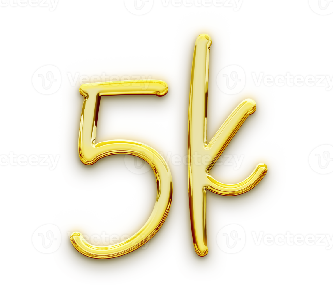 Golden volumetric 3D Text of the inscription 5K isolated cut out png