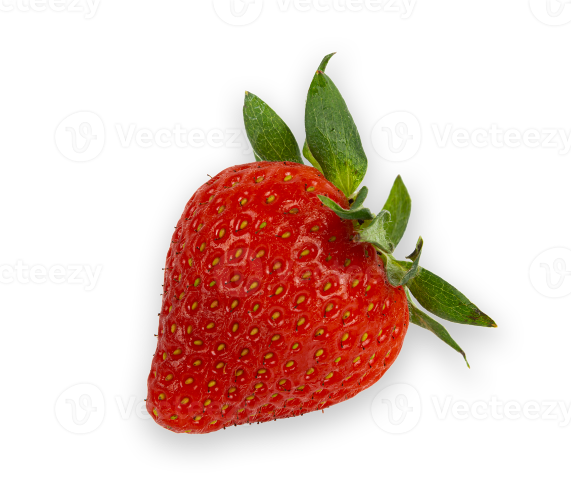 Red fresh ripe delicious strawberry with green leaf cut out png