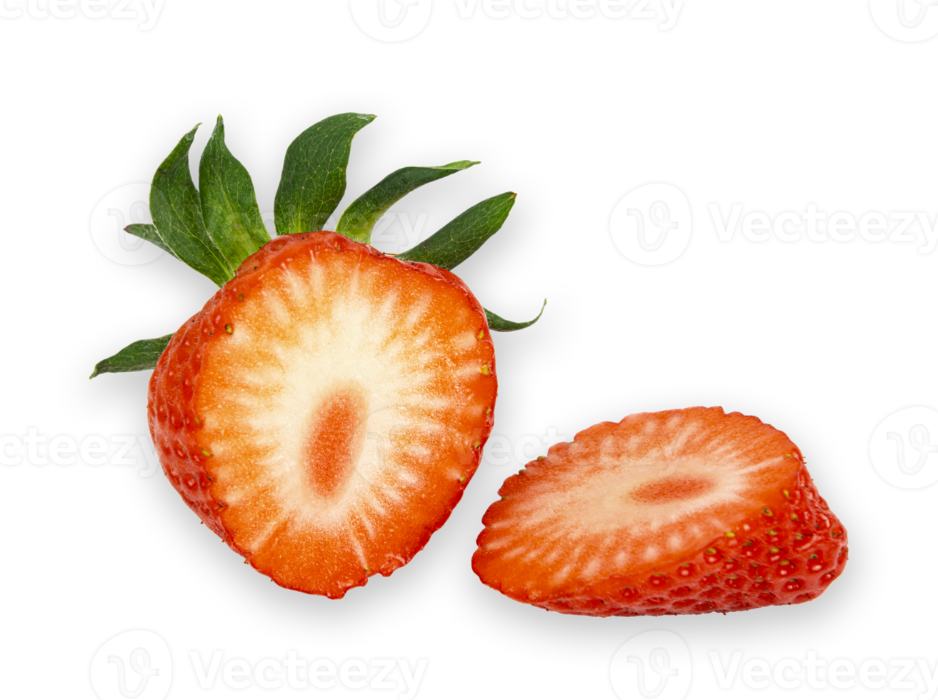 Red fresh ripe delicious cut strawberry with green leaf cut out png