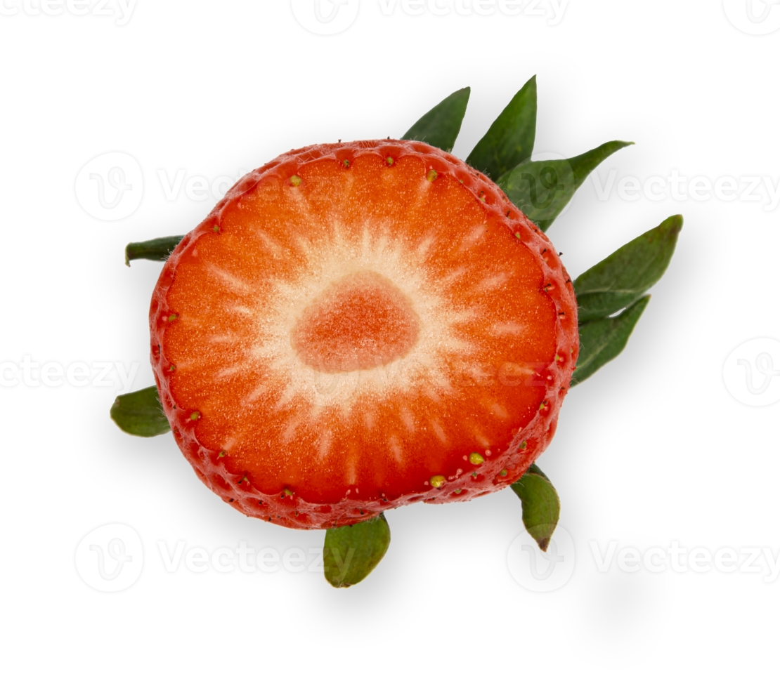 Red fresh ripe delicious cut strawberry with green leaf cut out png