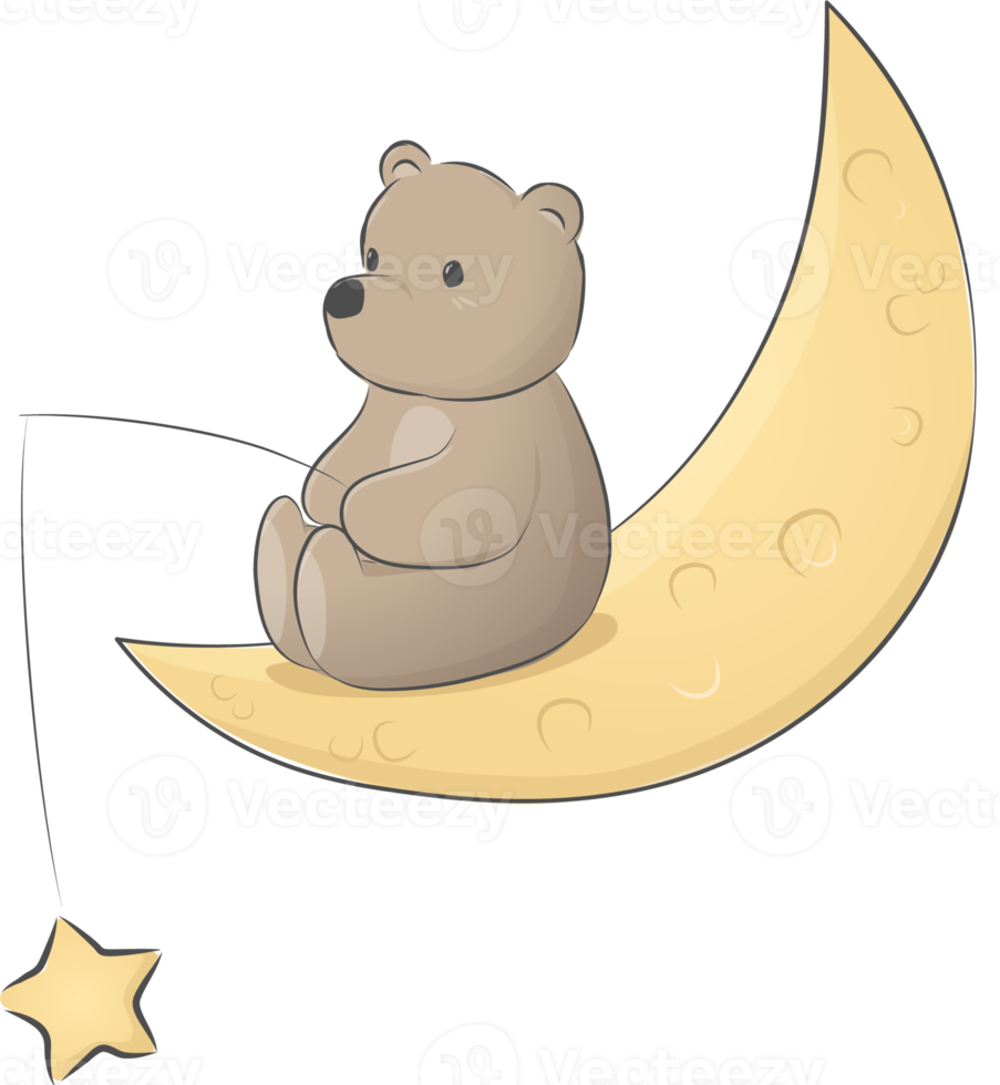 teddy bear sitting on the moon flat style cartoon illustration png