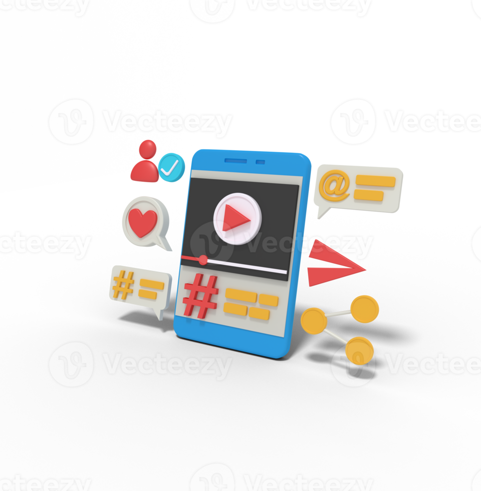 Illustration 3d d'une vidéo hashtag sur mobile png