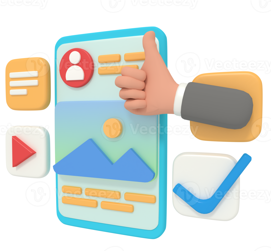 3d illustration of thumb up profile account on smartphone png