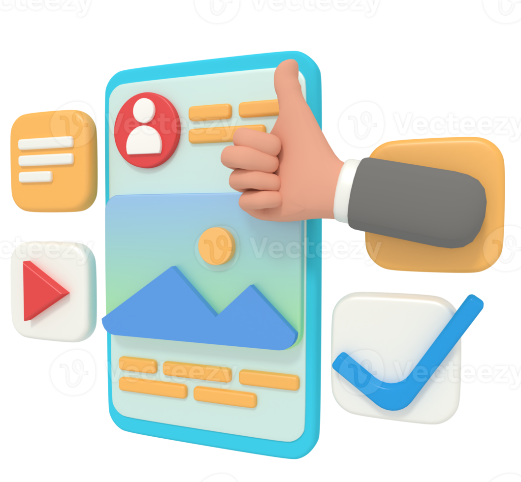 Ilustración 3d de la cuenta de perfil de pulgar arriba en el teléfono inteligente png