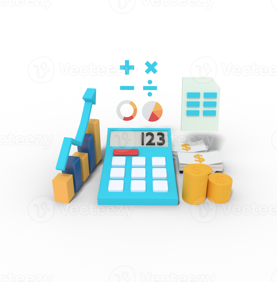 3d illustration of Calculating profit on calculator png