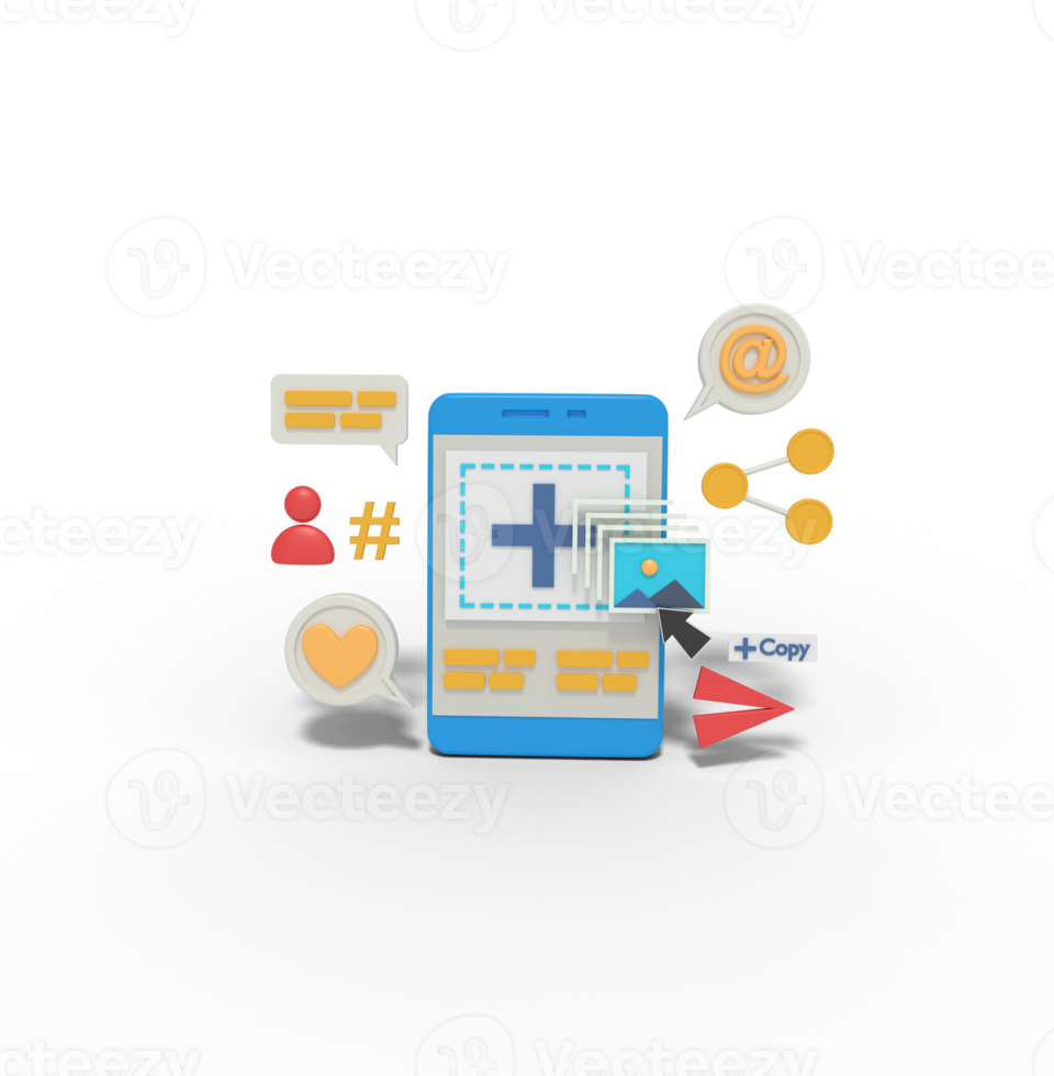 3d illustratie van uploaden afbeeldingen in sociaal media png