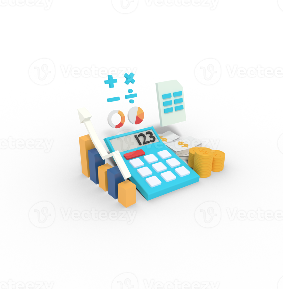 3d illustration of Calculating profit on calculator png