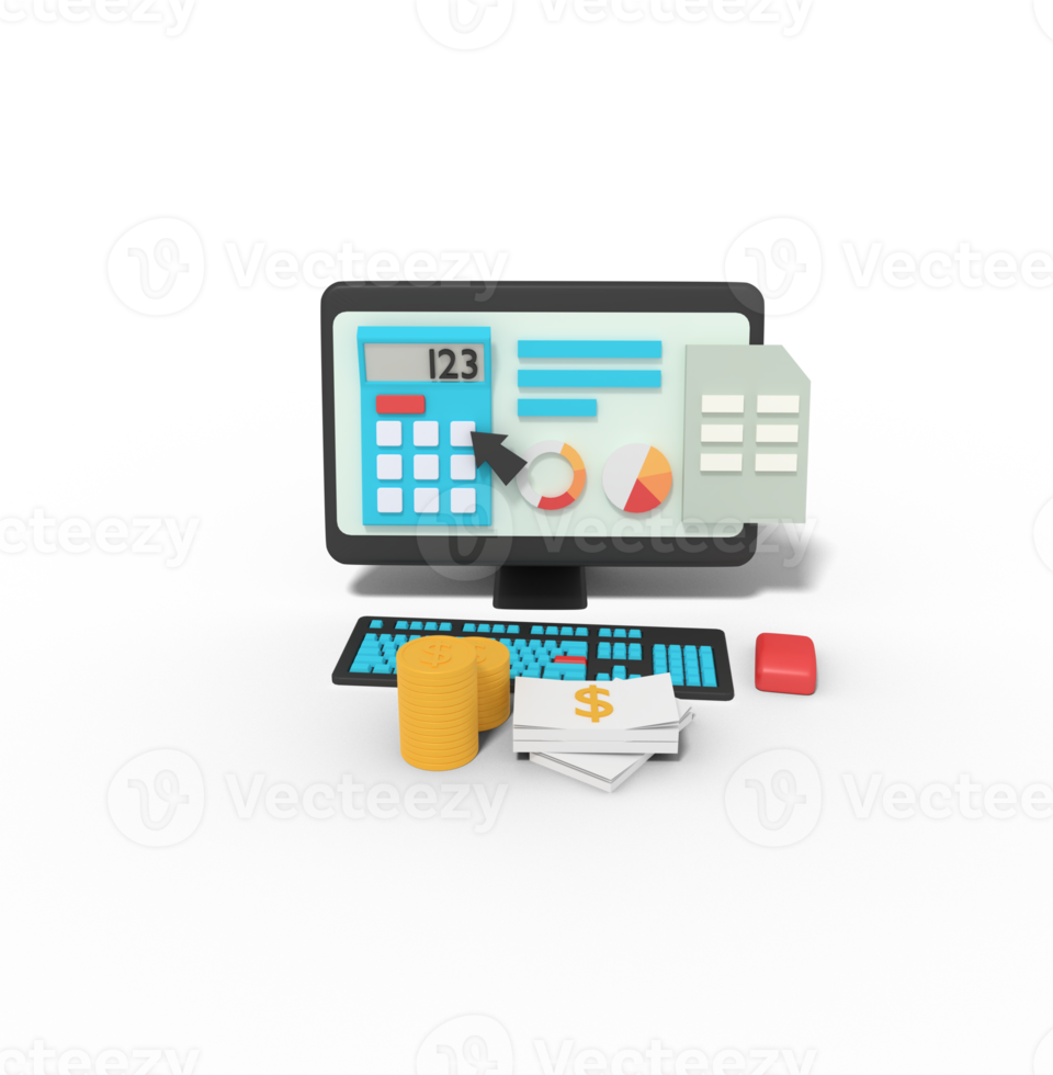 3d illustration of Calculating profit on computer calculator png