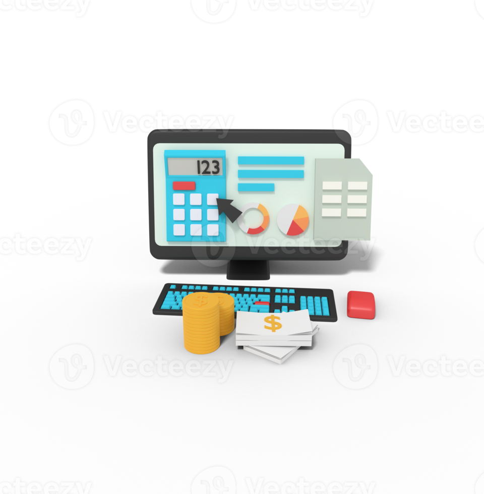 Ilustración 3d de calcular el beneficio en la calculadora de la computadora png