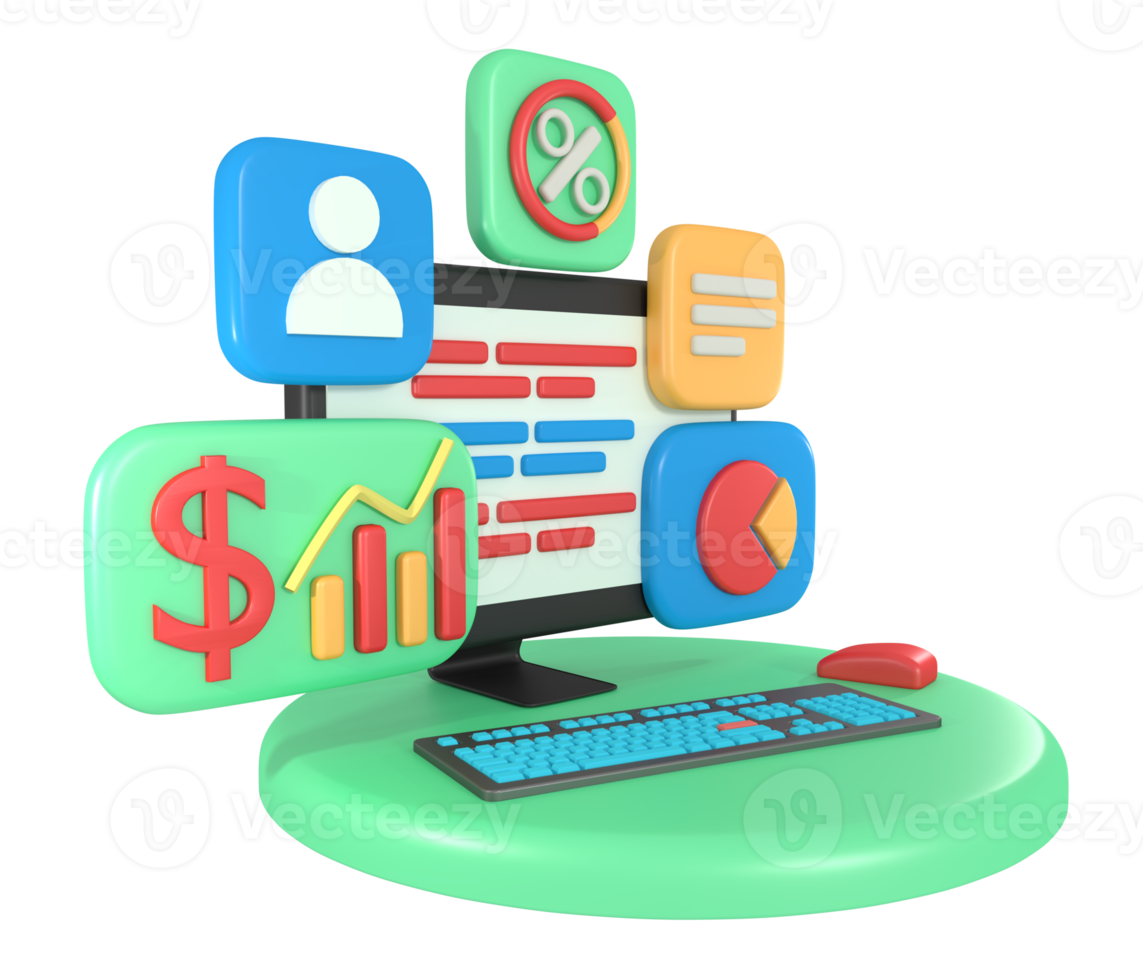 aplicativo de relatório de negócios de tela de computador de renderização 3d png