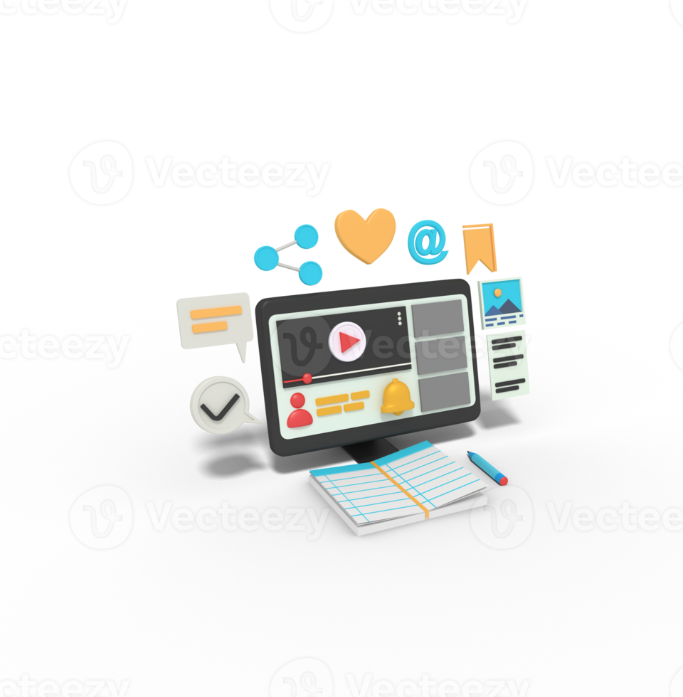3d Illustration of learn video tutorials on computer online png