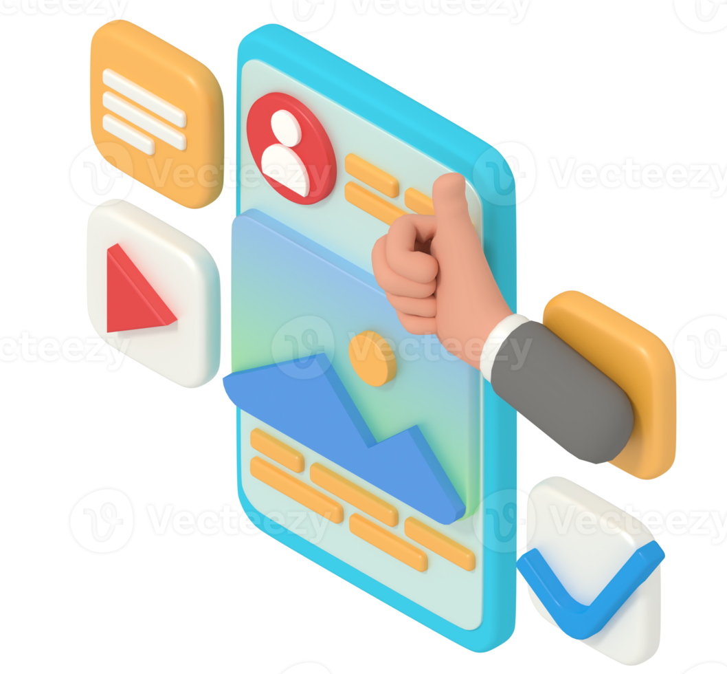 Ilustración 3d de la cuenta de perfil de pulgar arriba en el teléfono inteligente png
