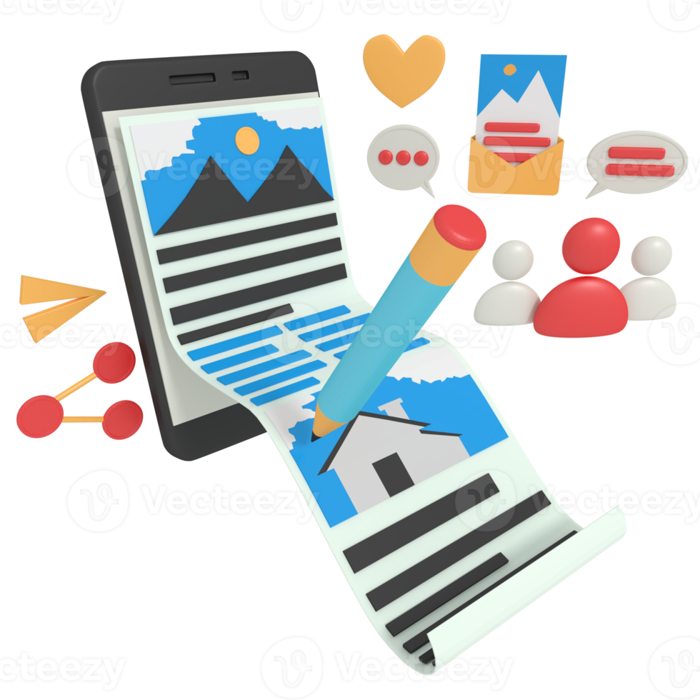 3d illustration of create content and share in social media png