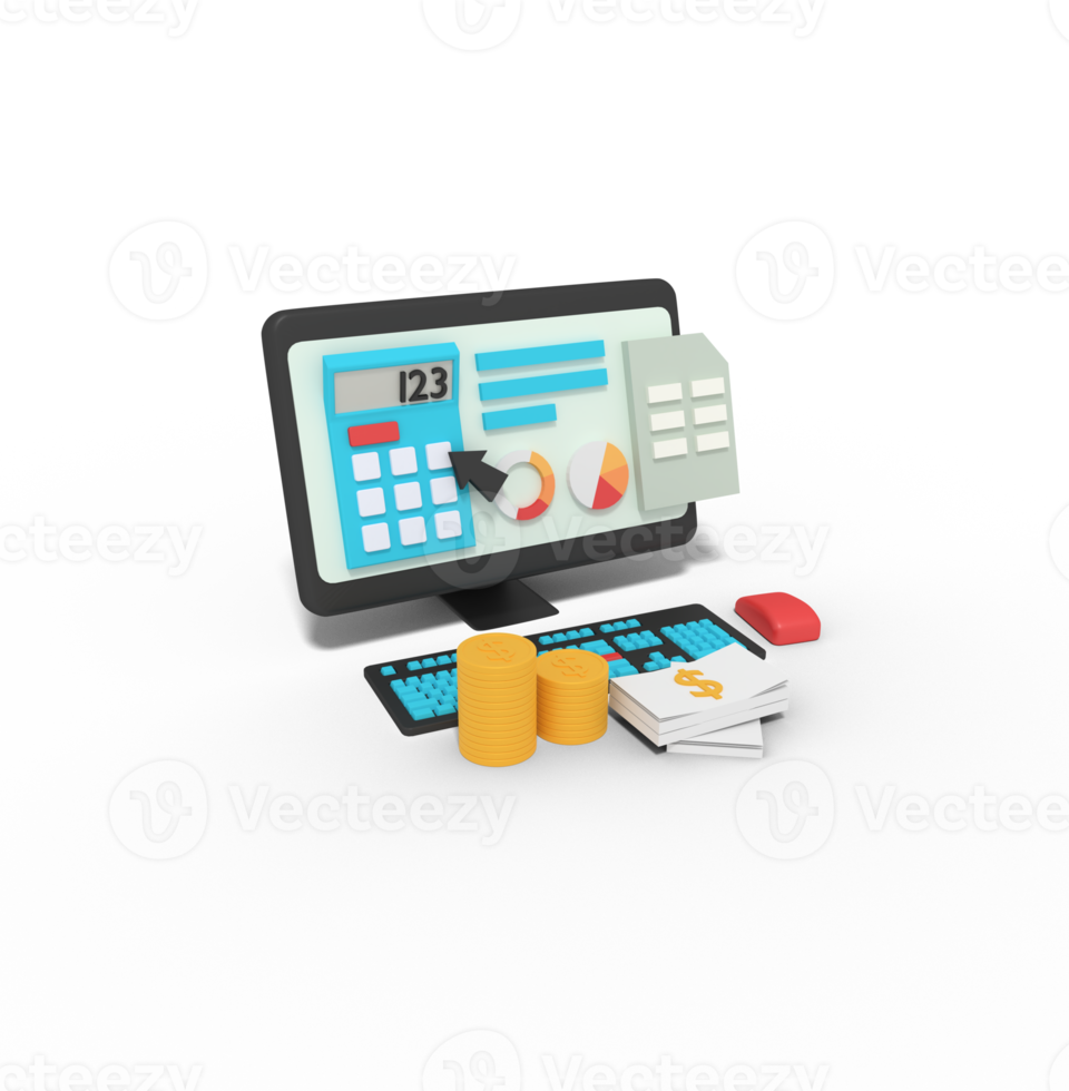 3d illustration of Calculating profit on computer calculator png