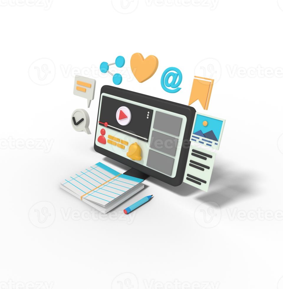 3d Illustration of learn video tutorials on computer online png
