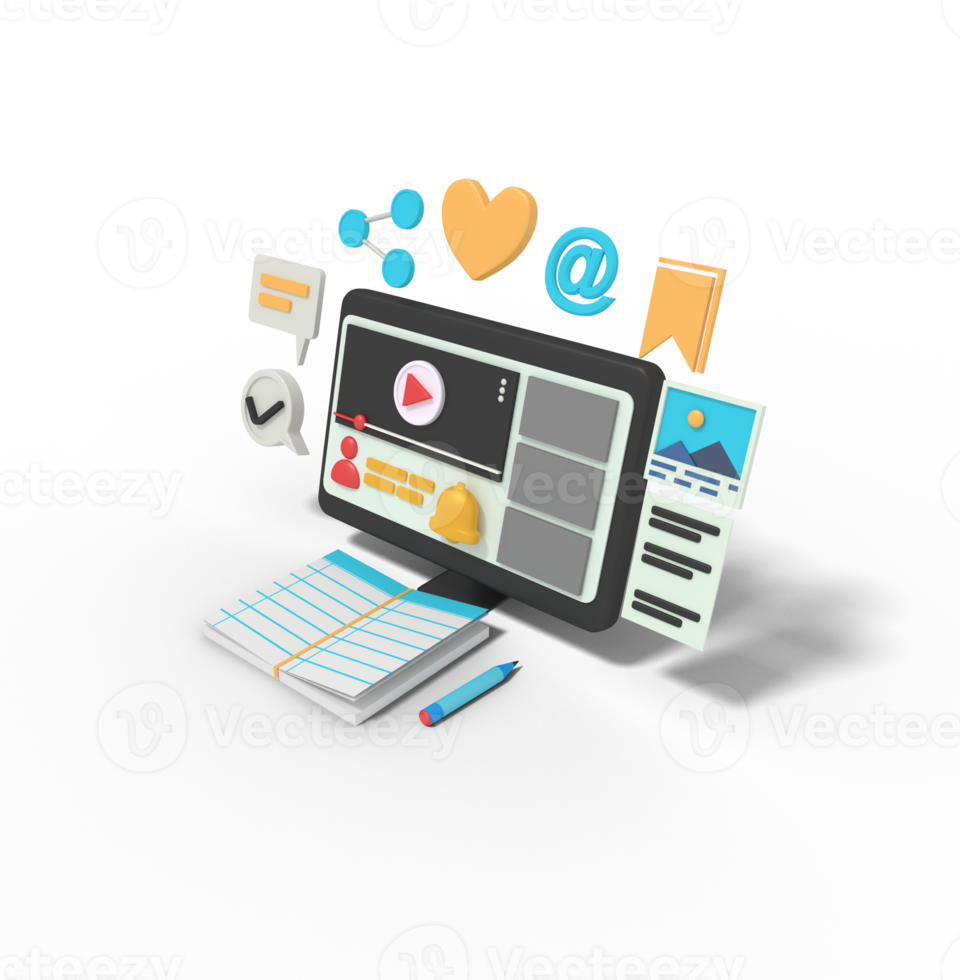 Ilustración 3d de aprender tutoriales en video en computadora en línea png