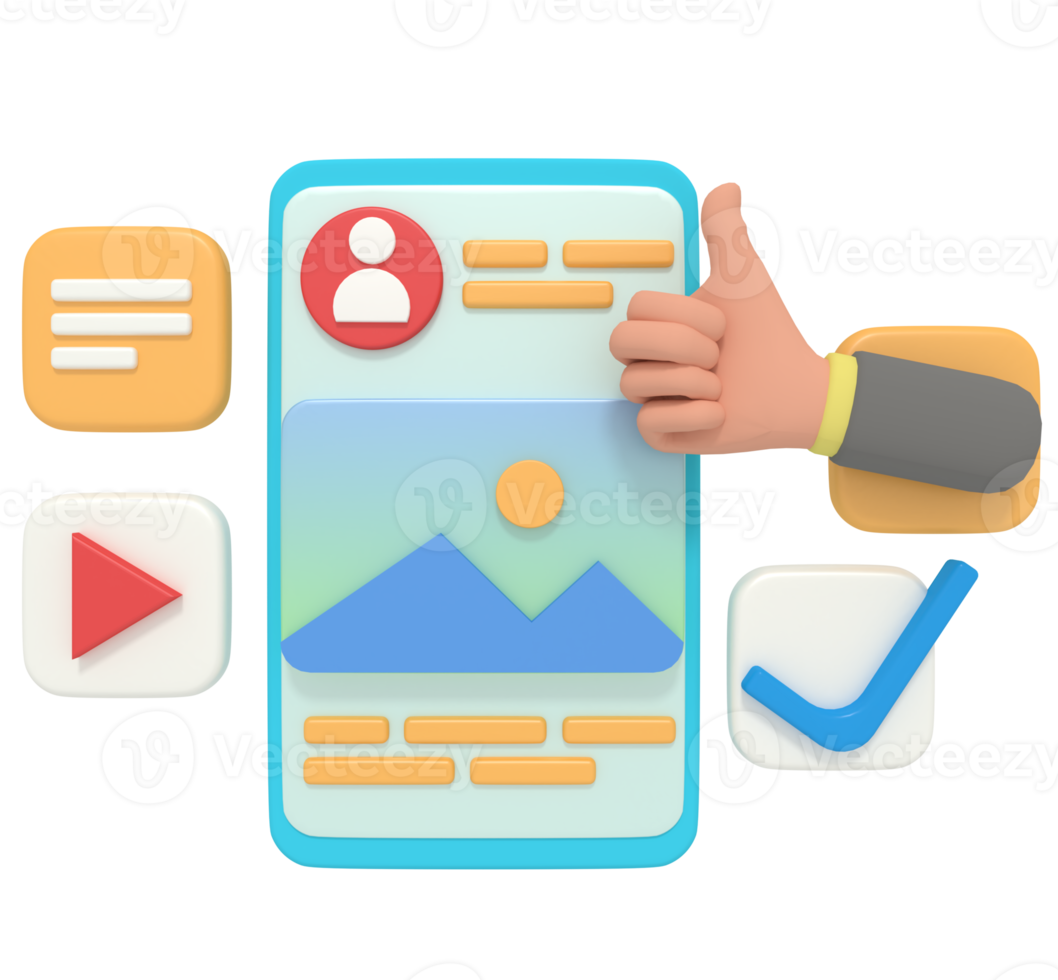 Ilustración 3d de la cuenta de perfil de pulgar arriba en el teléfono inteligente png