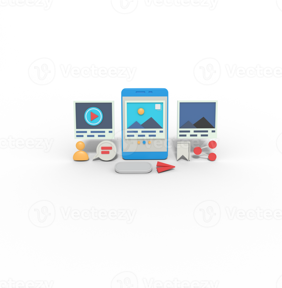ilustração 3D de conteúdo social de mídia no telefone png